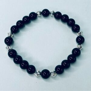 HAND CRAFTED Black Onyx Beaded Stretch Bracelet Silver 6.75” 8mm Unisex NWT